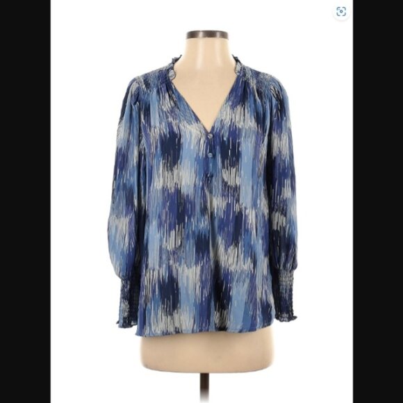 Aqua blue print long cinched sleeve blouse top sz M  /B1 - Picture 1 of 7